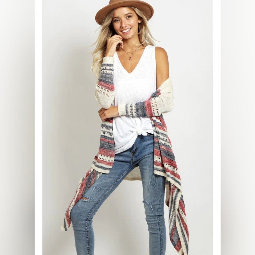Southwestern Long Open Front Crochet Cardigan Duster Waterfall Stripes small